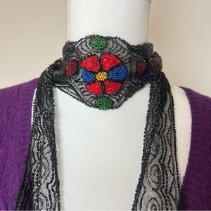 Vintage 90s Boho Floral Hand-Beaded Skinny Scarf — Black w/ Multicolor 🖤